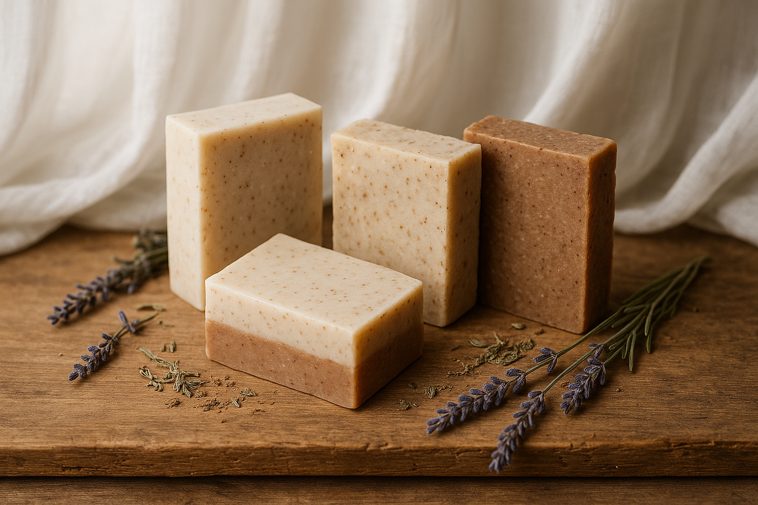 des savonettes de l'argile un voilage blanc, des couleurs neutre blanc beige brun , des herbes de la lavande 